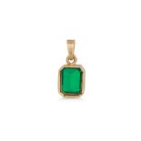 AN EMERALD PENDANT, the rectangular emerald mounted in yellow gold. Estimated: weight of emerald: