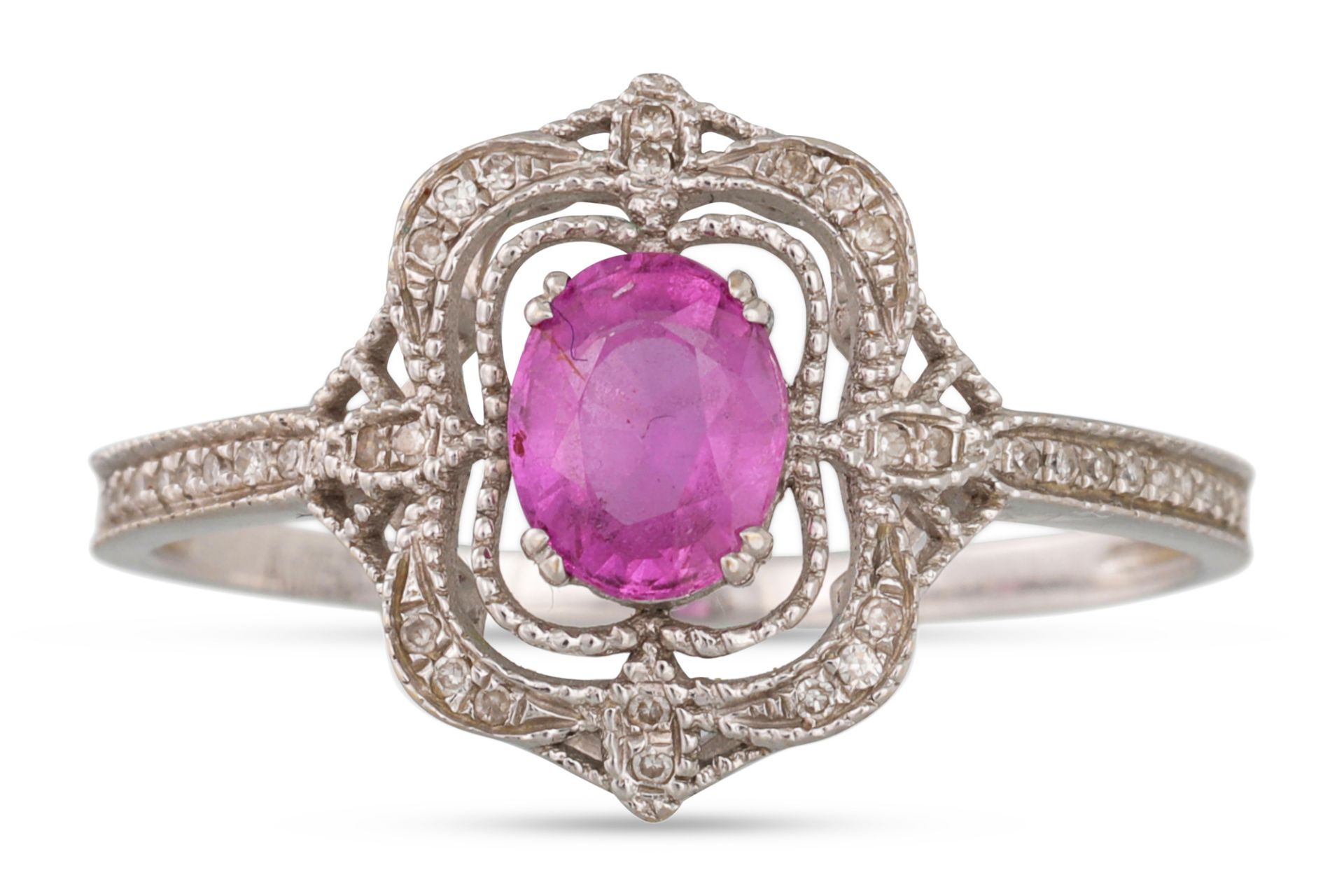 A PINK SAPPHIRE AND DIAMOND CLUSTER RING, shaped plaque form, mounted in 18ct white gold. Together