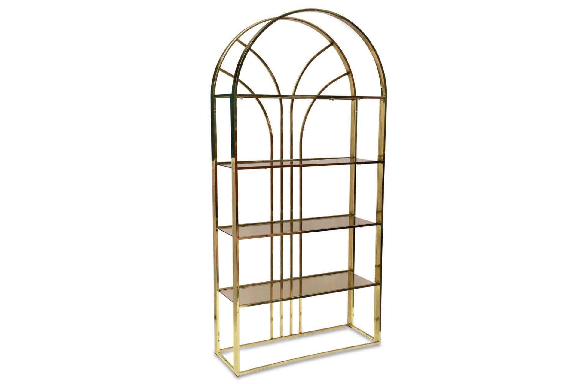 AN ETAGERES BOOKCASE, the art deco style shelf unit with five tinted glass shelves to a brass