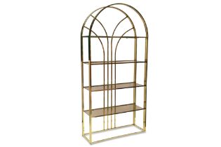 AN ETAGERES BOOKCASE, the art deco style shelf unit with five tinted glass shelves to a brass