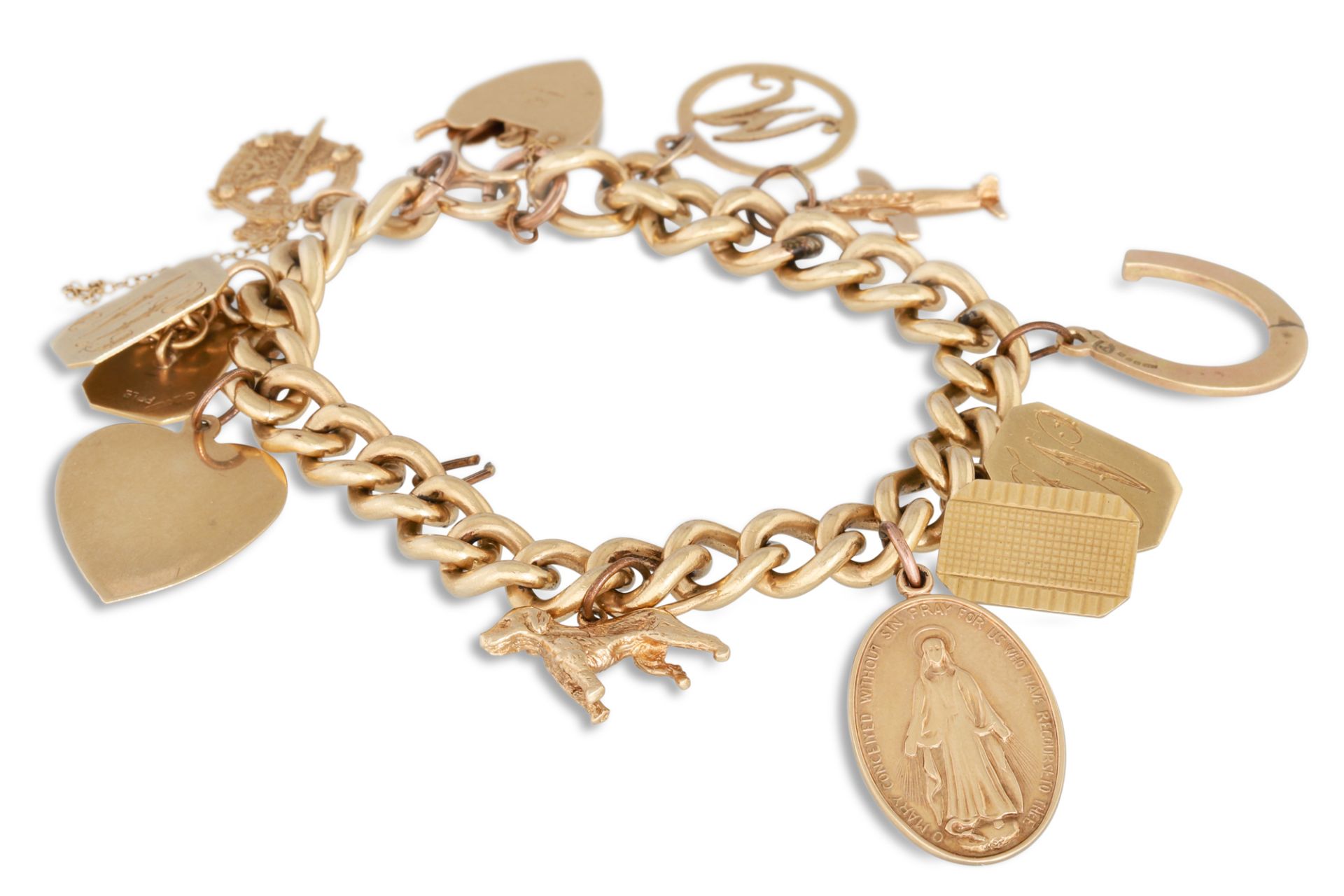 A 9CT GOLD CURB LINK BRACELET, with 9 charms, 47 g.