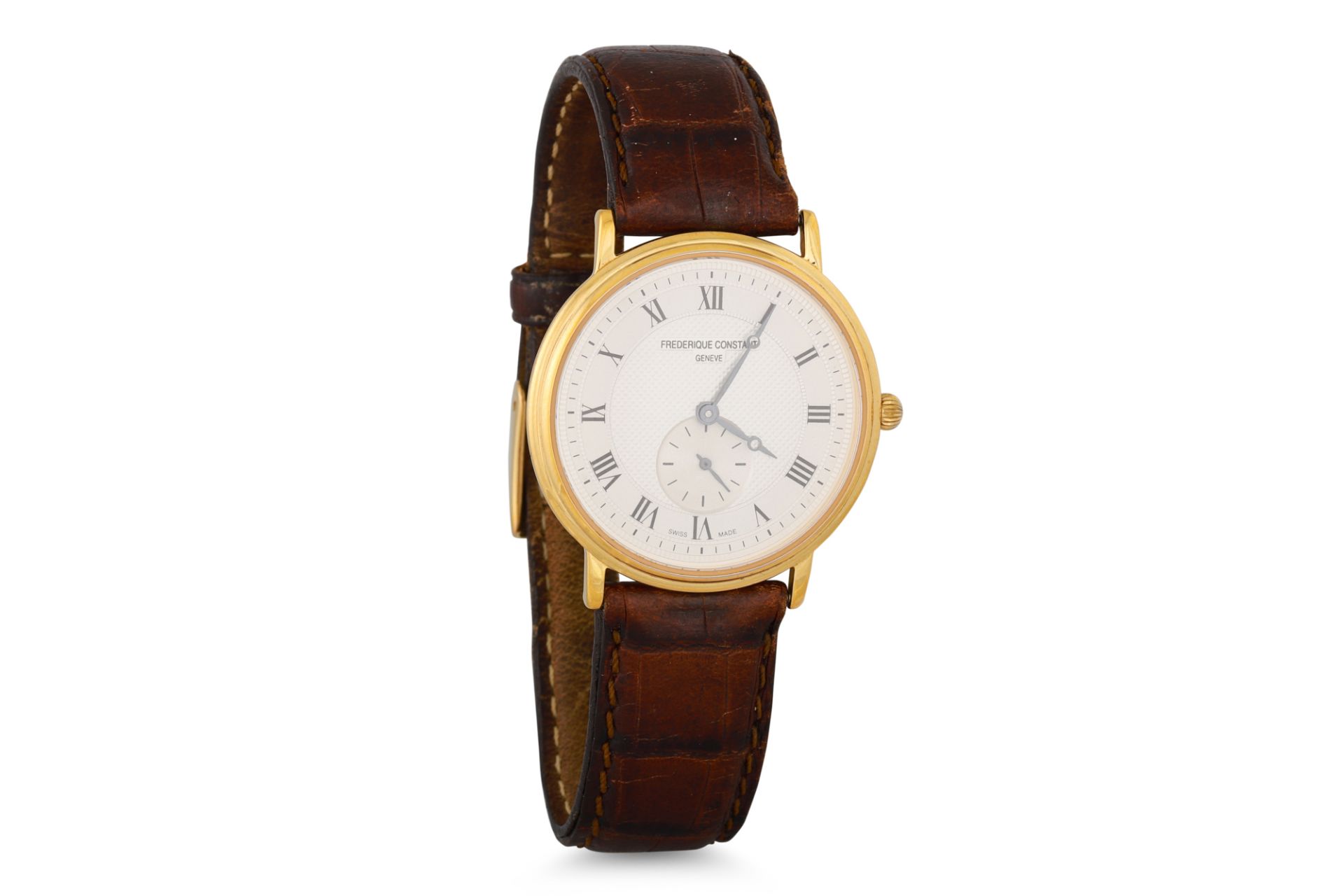 A GENT'S "FREDERIQUE CONSTANT" GOLD PLATED WRISTWATCH, silvered face with Roman numerals, separate