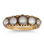 AN ANTIQUE FIVE STONE PEARL RING, with diamond points, in a 18ct yellow gold carved mount. Size: P