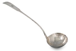 A GEORGE III IRISH SILVER SOUP LADLE, bow handled fiddle pattern, by Samuel Neville crested, 202 g.
