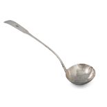 A GEORGE III IRISH SILVER SOUP LADLE, bow handled fiddle pattern, by Samuel Neville crested, 202 g.