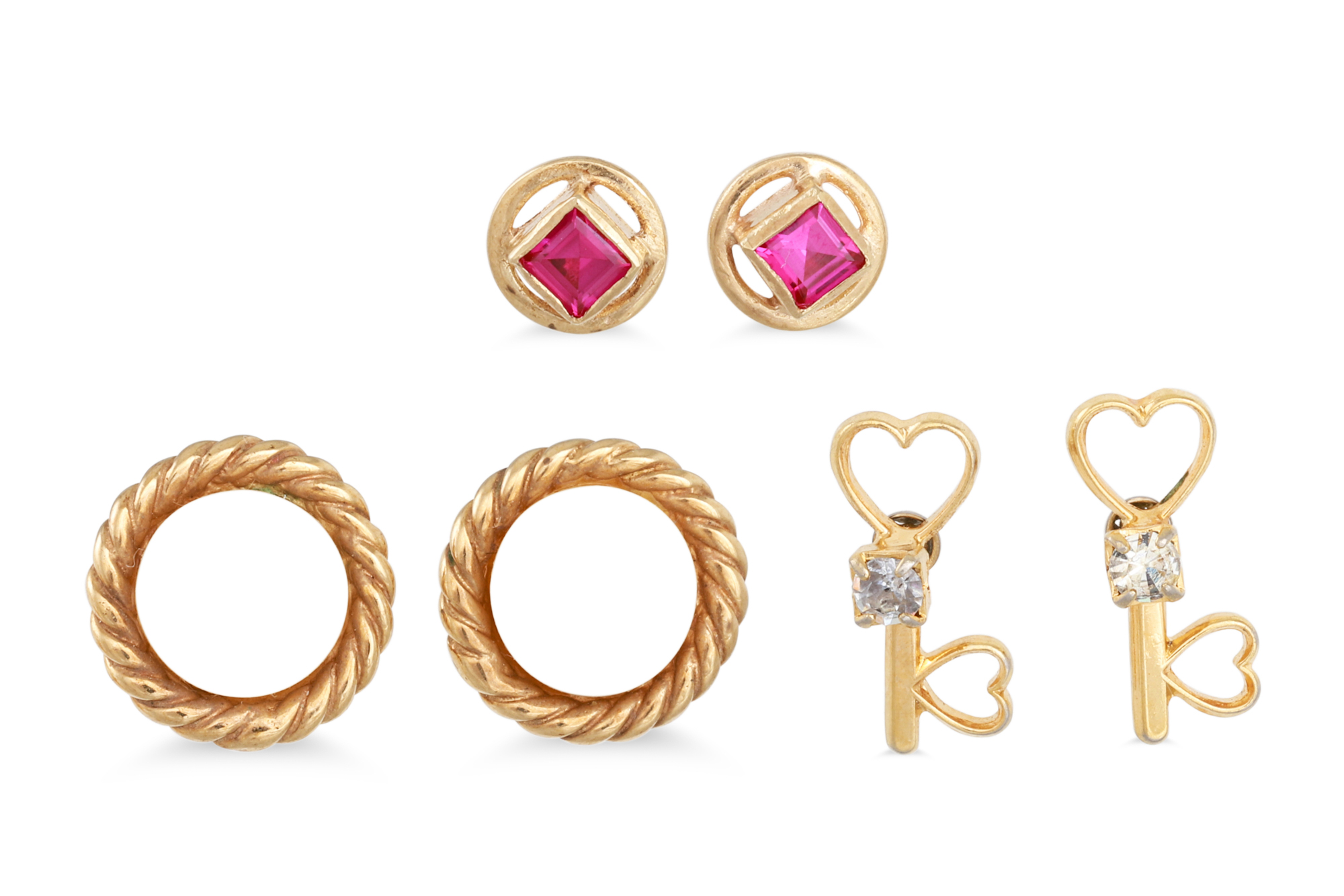 A COLLECTION OF GOLD EARRINGS, to include a pair of cubic zirconia studs, 9ct gold & pink topaz, a - Image 4 of 4