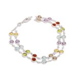 A TWO ROWED MULTI GEM - SET BRACELET, the various gems colet set, to 18ct white gold chain links