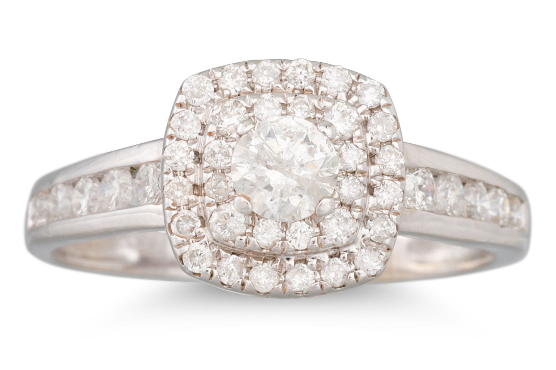 A DIAMOND CLUSTER RING, the round brilliant cut diamond to a two rowed brilliant cut diamond