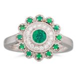 A DIAMOND AND EMERALD CLUSTER RING, the circular emerald to a diamond and emerald surround,