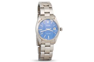 A GENT'S STAINLESS STEEL ROLEX OYSTER DATE “PRECISION” WRISTWATCH, blue face, baton markers,