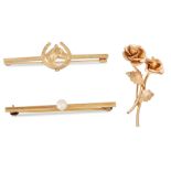 TWO 9CT GOLD BROOCHES, one in the form of horse head and other with pearl, together with a 12ct