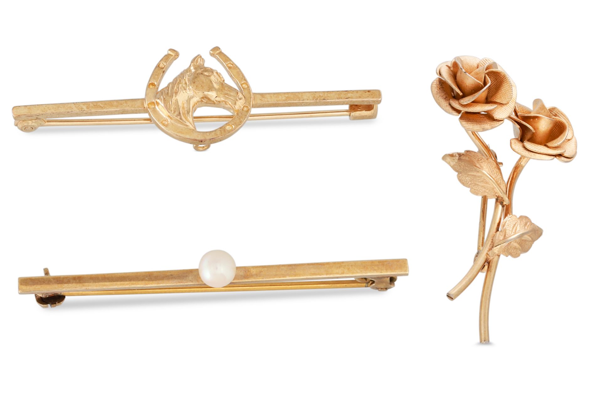 TWO 9CT GOLD BROOCHES, one in the form of horse head and other with pearl, together with a 12ct