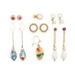 A COLLECTION OF GOLD EARRINGS, to include a pair of cubic zirconia studs, 9ct gold & pink topaz, a