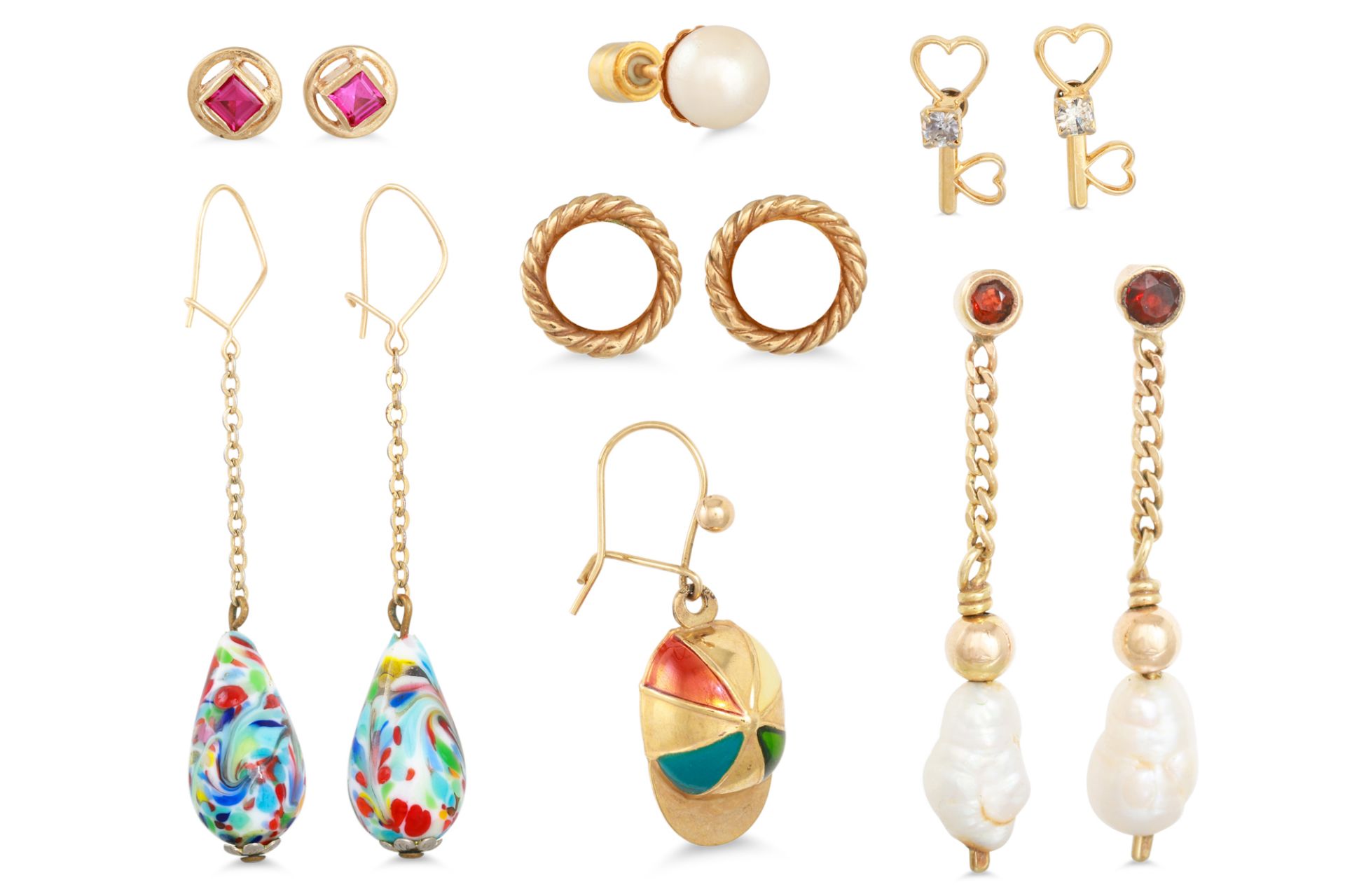 A COLLECTION OF GOLD EARRINGS, to include a pair of cubic zirconia studs, 9ct gold & pink topaz, a