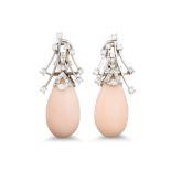 A PAIR OF PINK CORAL AND DIAMOND DROP EARRINGS, each diamond spray suspending a coral drop, in