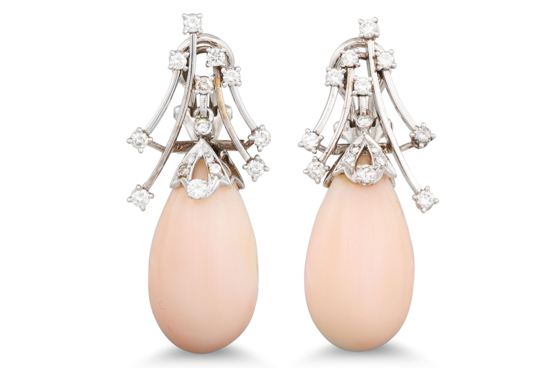 A PAIR OF PINK CORAL AND DIAMOND DROP EARRINGS, each diamond spray suspending a coral drop, in