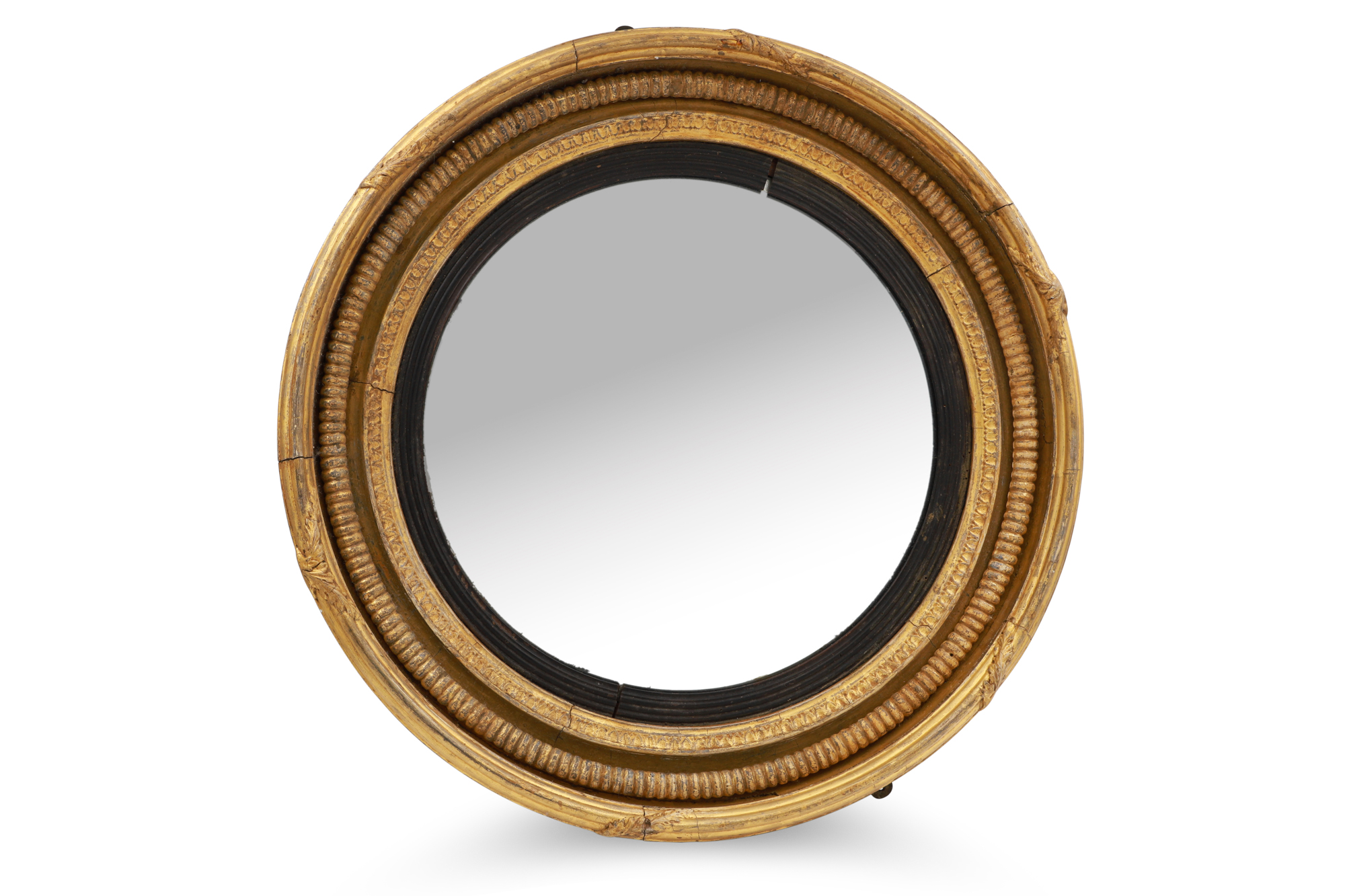 AN ANTIQUE CONVEX MIRROR (George IV) enclosed circular gilt frame, ca 22" diameter