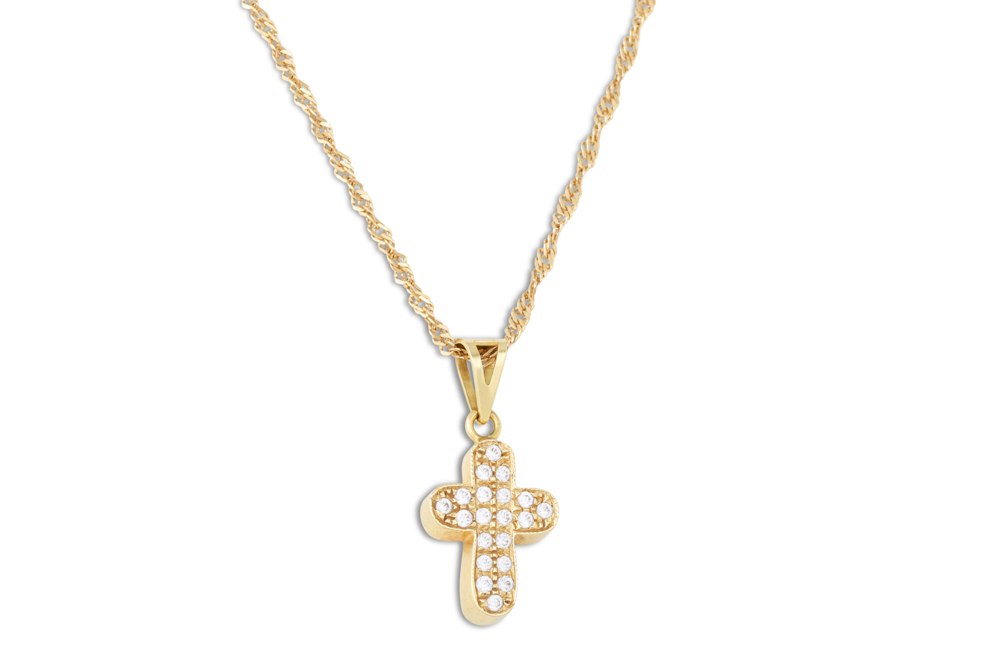 AN 18CT GOLD CROSS AND CHAIN, set with white stone, 6.27 g.