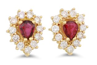 A PAIR OF DIAMOND AND RUBY CLUSTER EARRINGS, the pear shaped rubies to diamond surround, mounted