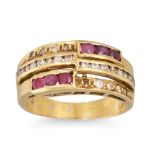 A DIAMOND AND RUBY DRESS RING, channel set, mounted in 18ct gold, size N, 6.9 g.