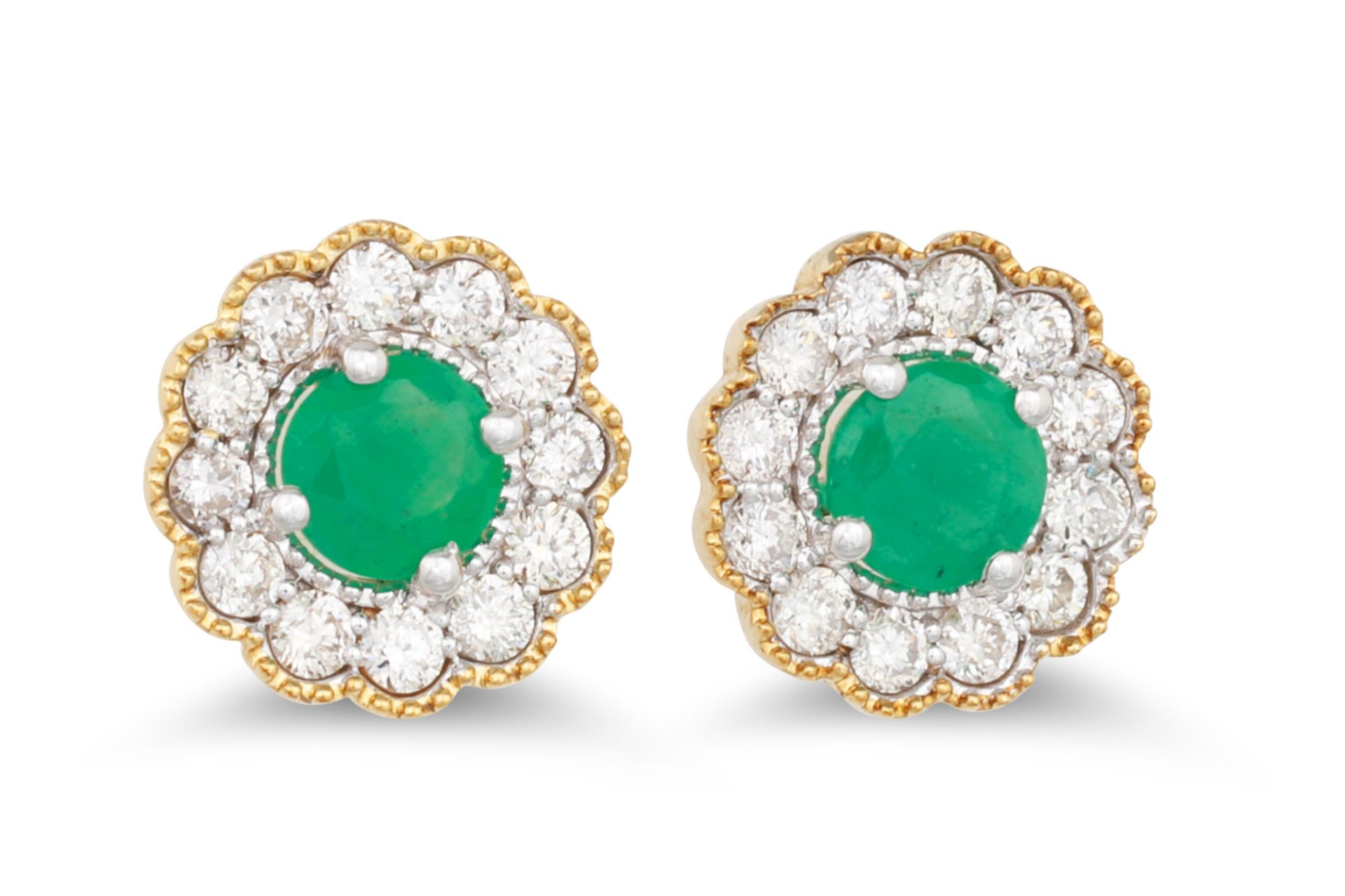 A PAIR OF DIAMOND AND EMERALD TARGET EARRINGS, the round emerald to diamond surround, mounted in 9ct