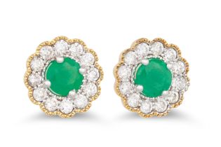 A PAIR OF DIAMOND AND EMERALD TARGET EARRINGS, the round emerald to diamond surround, mounted in 9ct