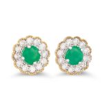 A PAIR OF DIAMOND AND EMERALD TARGET EARRINGS, the round emerald to diamond surround, mounted in 9ct