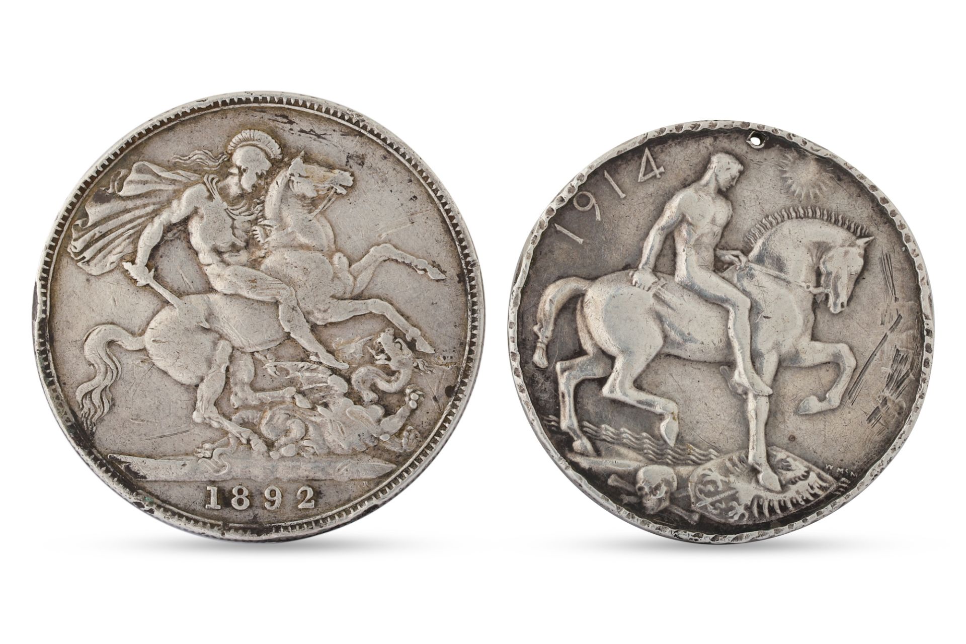 A 1914 WWI SILVER MEDAL, a 1892 English Victorian crown coin, together with various chains and - Image 2 of 3