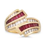 A DIAMOND AND RUBY CLUSTER RING, the baguette cut diamond and rubies, mounted in 14ct yellow gold,