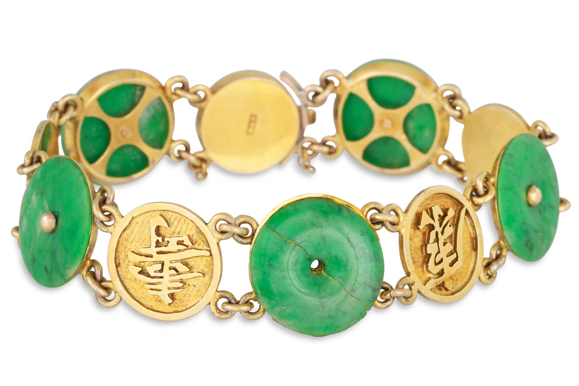 A 9CT GOLD JADE BRACELET, circular jade disks to gold disk spacers