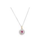 A DIAMOND AND RUBY TARGET PENDANT, the ruby to a two rowed diamond surround, mounted in 9ct white