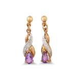 A PAIR OF DIAMOND AND AMETHYST DROP EARRINGS, mounted in white and yellow gold