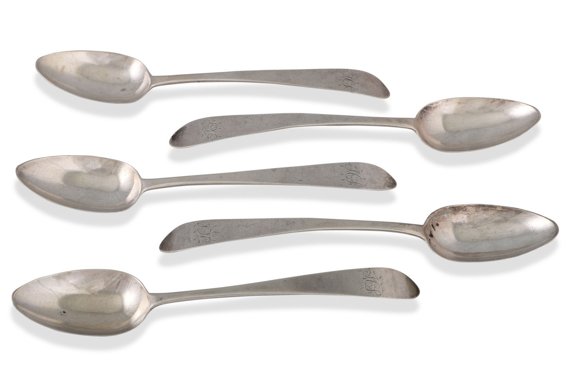 A SET OF FIVE GEORGE III IRISH SILVER TAPER HANDLE DESERT SPOONS, Dublin 1798, by T Brady, 141 g.