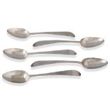 A SET OF FIVE GEORGE III IRISH SILVER TAPER HANDLE DESERT SPOONS, Dublin 1798, by T Brady, 141 g.