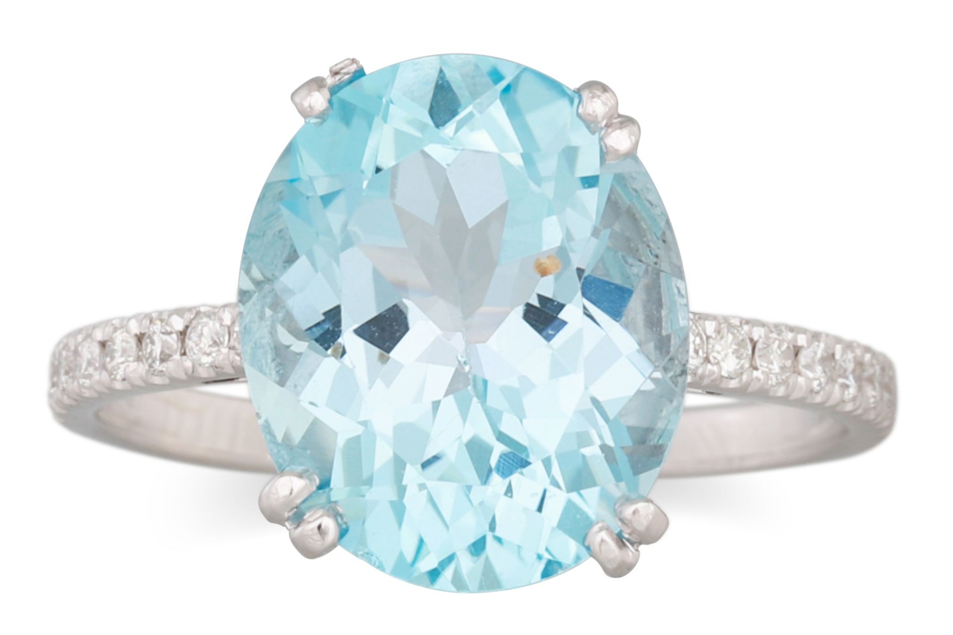 A TOPAZ AND DIAMOND RING, the oval topaz to diamond shoulders, mounted in white gold, size M - N