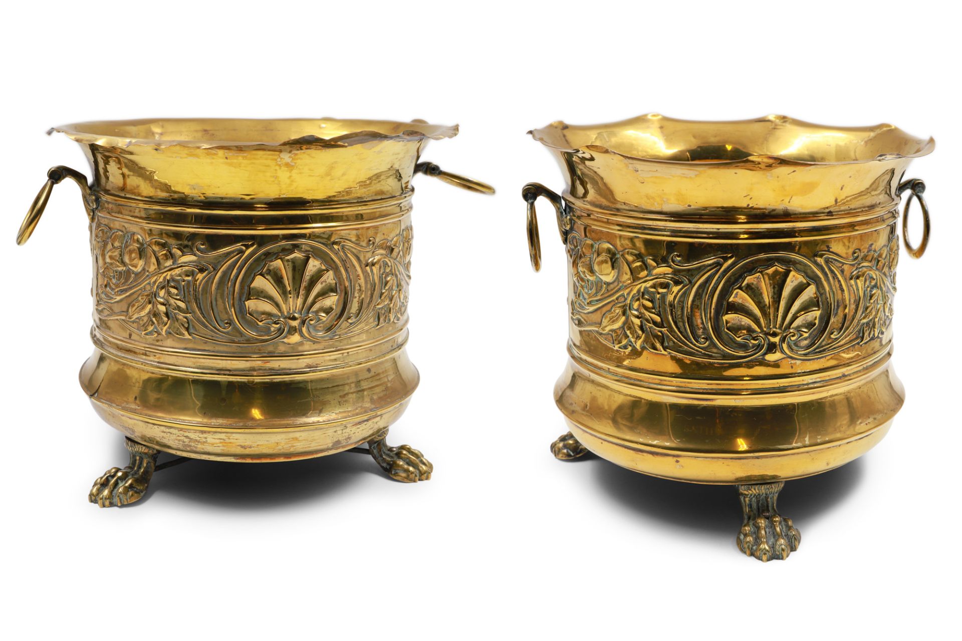 A PAIR OF ANTIQUE BRASS CANDLE STICKS, an antique oil lamp and a pair of large brass jardiniere - Image 3 of 3