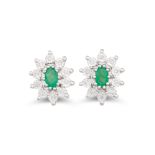 A PAIR OF DIAMOND AND EMERALD CLUSTER EARRINGS, the oval emerald to diamond surround, mounted in 9ct