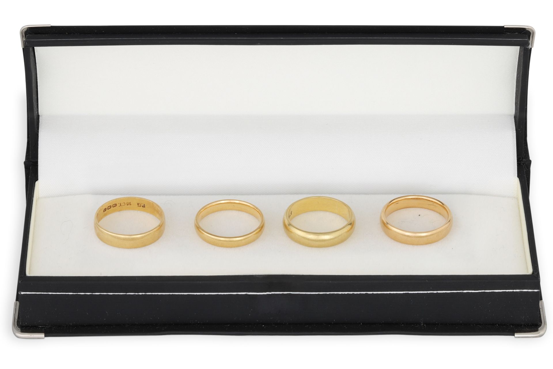 FOUR 18CT YELLOW GOLD BAND RINGS, 16.1 g. Size: L x 3, N