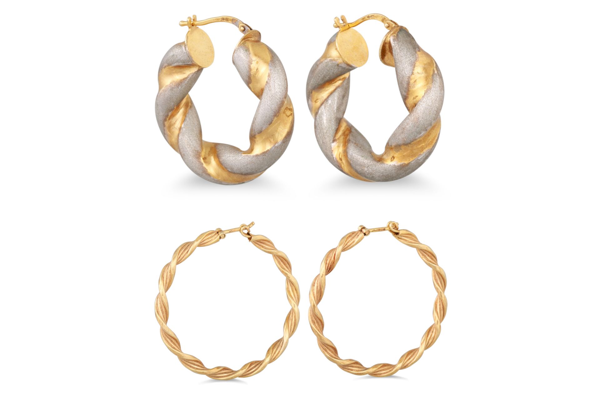 TWO PAIRS OF HOOP EARRINGS, in 9ct gold, 8.6 g.