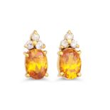 A PAIR OF DIAMOND AND YELLOW SAPPHIRE EARRINGS, the oval sapphire to diamond surround, mounted in