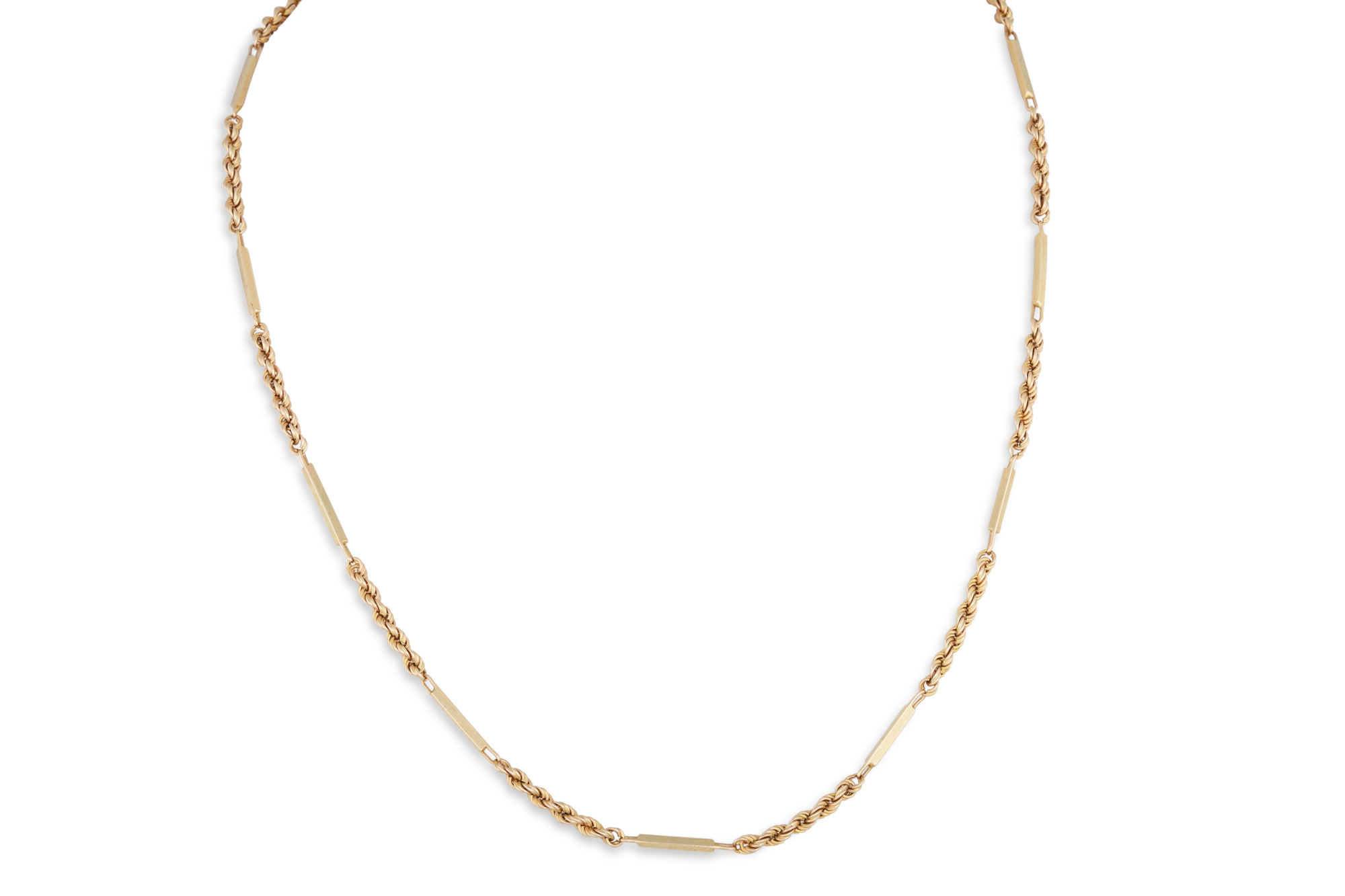 A 9CT GOLD FANCY LINK NECK CHAIN, with rope and bar, 6.9 g.