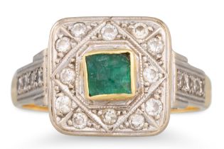 A DIAMOND AND EMERALD CLUSTER RING, mounted in yellow gold. Size: L