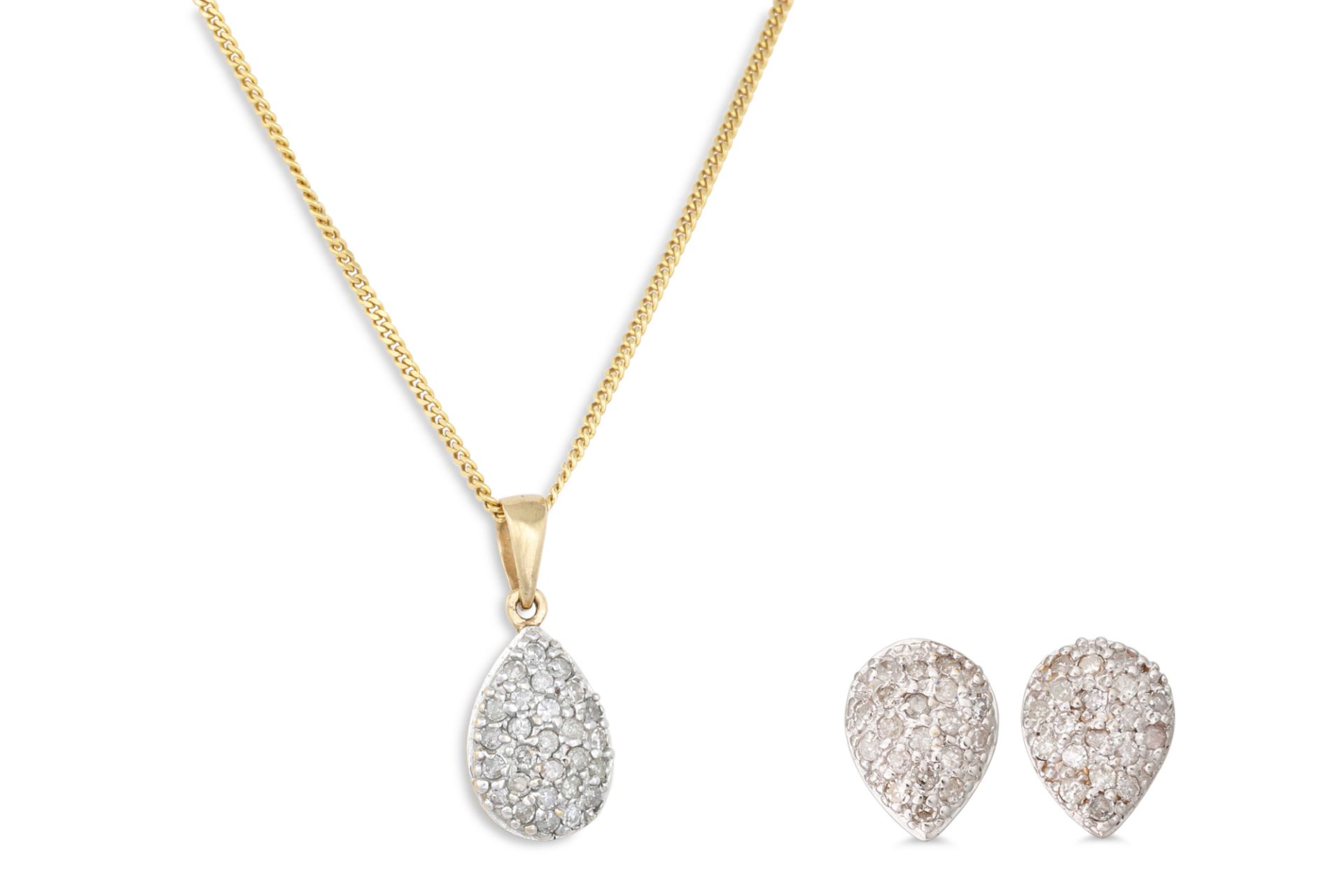 A PAIR OF DIAMOND CLUSTER EARRINGS, pear shaped, with matching pendant, on a 9ct gold chain