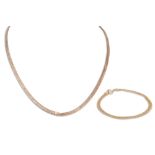A 9CT GOLD FLAT LINK NECKLACE, and bracelet, clasp broken, 11.2 g.