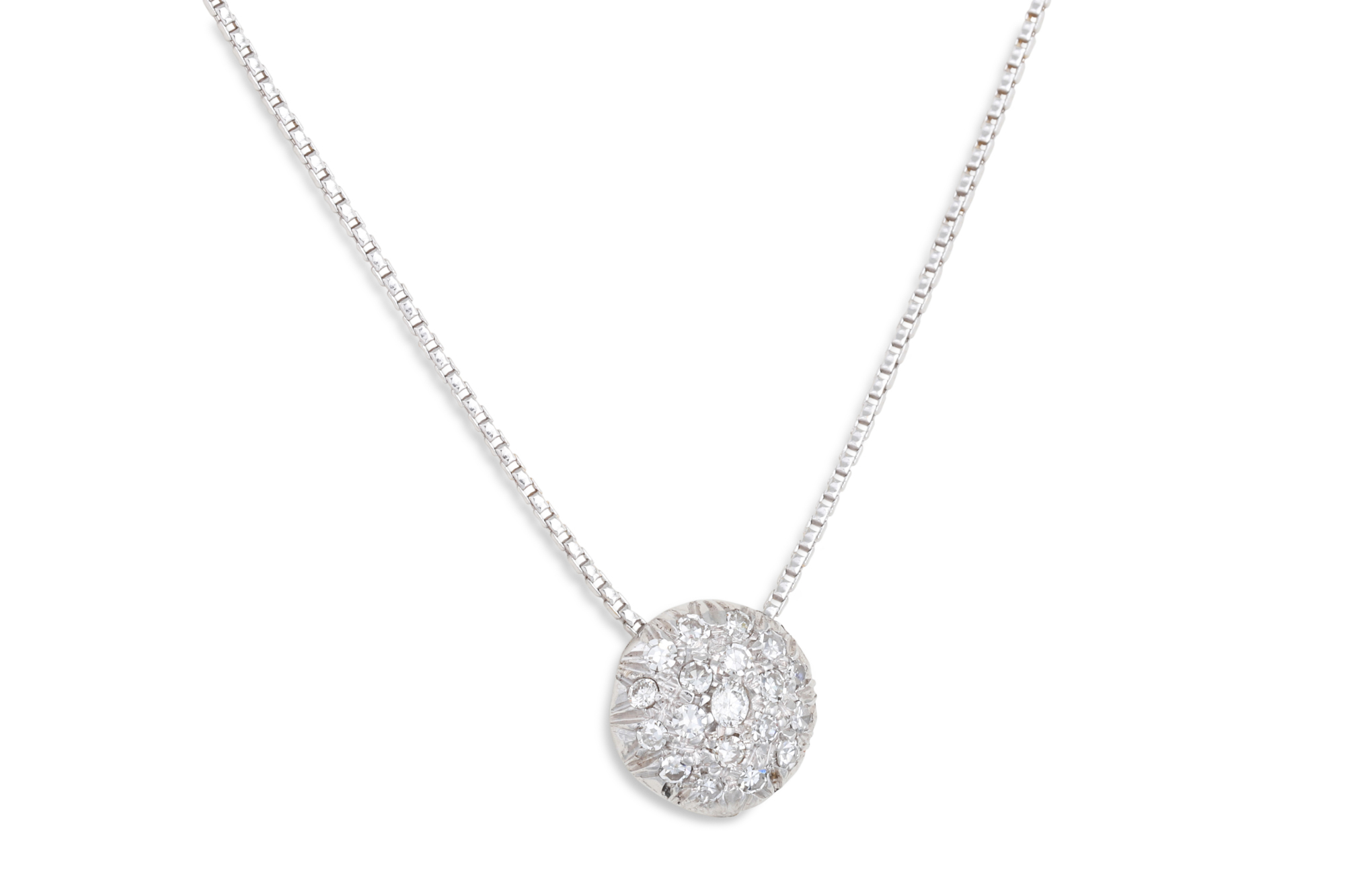 A PAVÉ SET DIAMOND PENDANT, to 18ct white gold chain