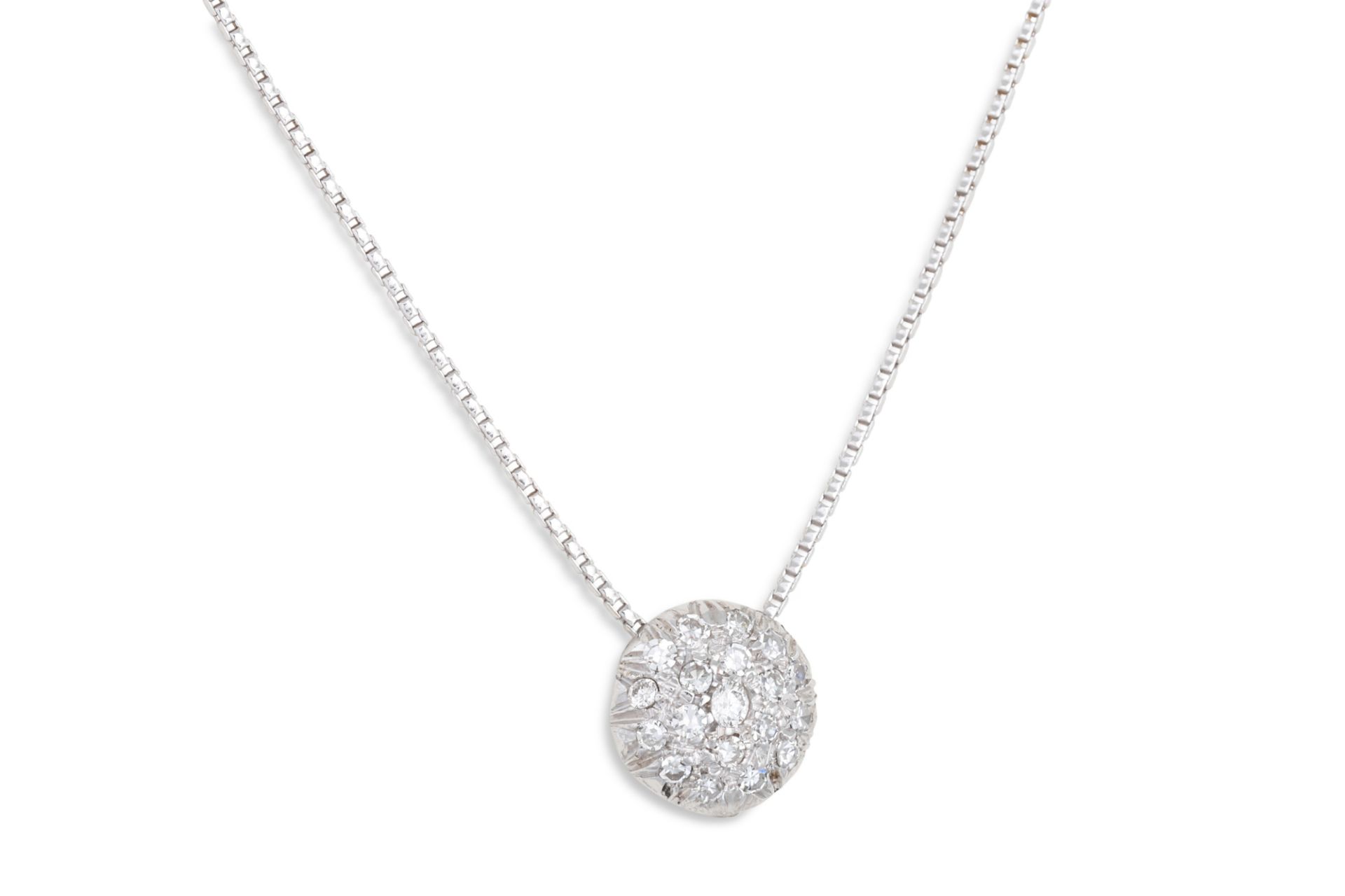 A PAVÉ SET DIAMOND PENDANT, to 18ct white gold chain