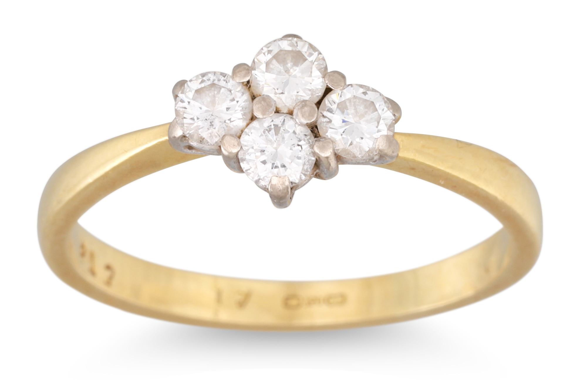 A DIAMOND FOUR STONE CLUSTER RING, the round brilliant cut diamonds mounted in 18ct yellow gold,