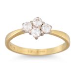 A DIAMOND FOUR STONE CLUSTER RING, the round brilliant cut diamonds mounted in 18ct yellow gold,