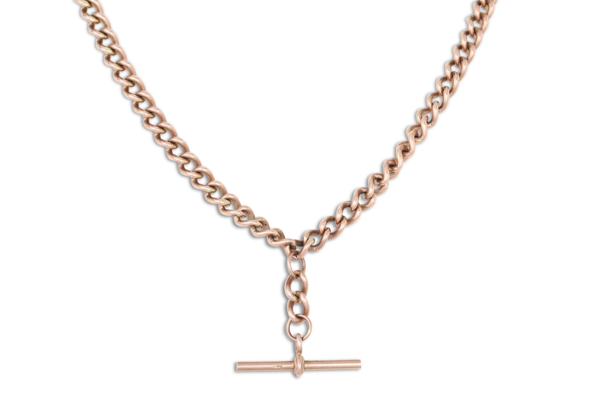 A 9CT GOLD CURB LINK GOLD NECKLACE, with T-bar & two lobster clasps, 48 g. 21"