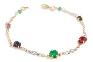 A RUBY, EMERALD AND SAPPHIRE CABOCHON SET BRACELET, the diamond spacers in 18ct yellow gold